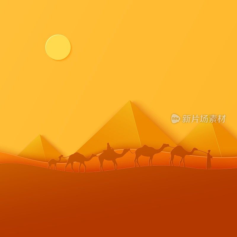 Traditional caravan walking throw egyptian desert in papercut style. Cutout craft background panorama of ancient pyramids. Vector abstract paper cut sunset with riding camel people. Wild life desert.